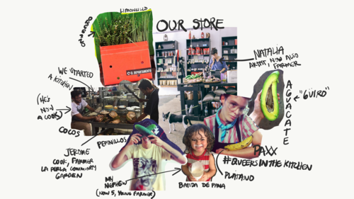 Imagen collage de la tienda, cajas, queer y equipo parte de la tienda de El Departamento de la Comida.