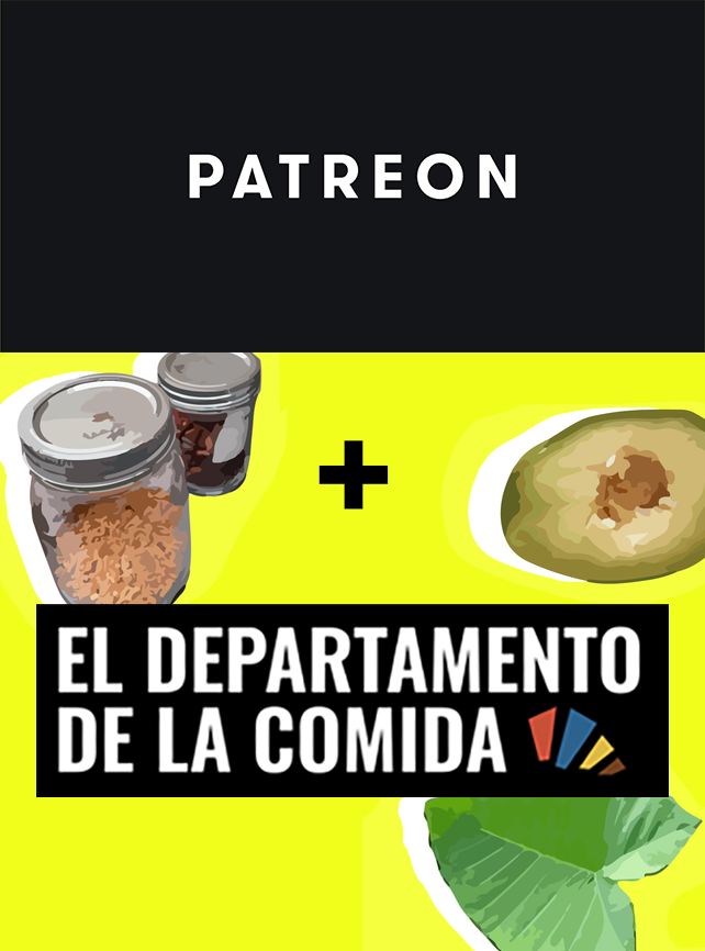 los logos de "patreon" y "departamento de la comida" con 2 vasos de semillas, una aguacate, y una hoja de malanga